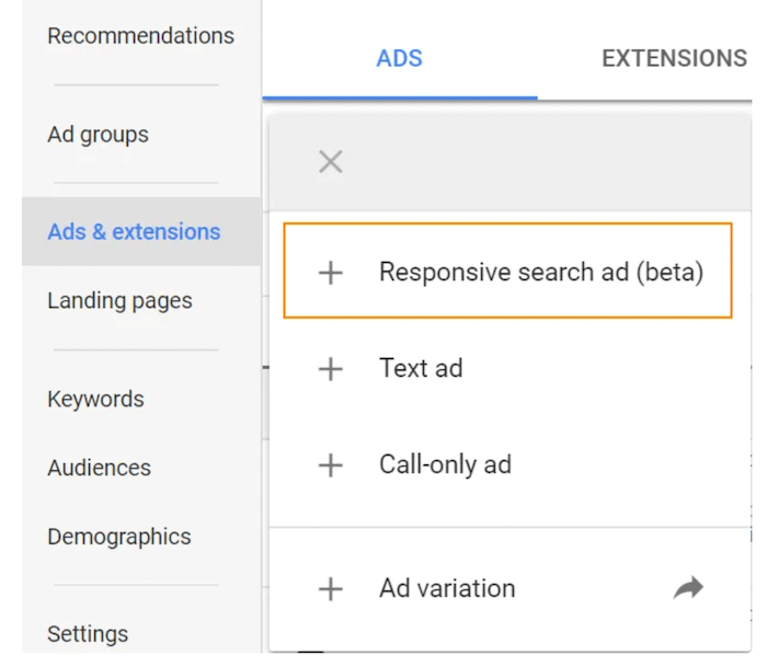 Google image of where to create responsive search ads