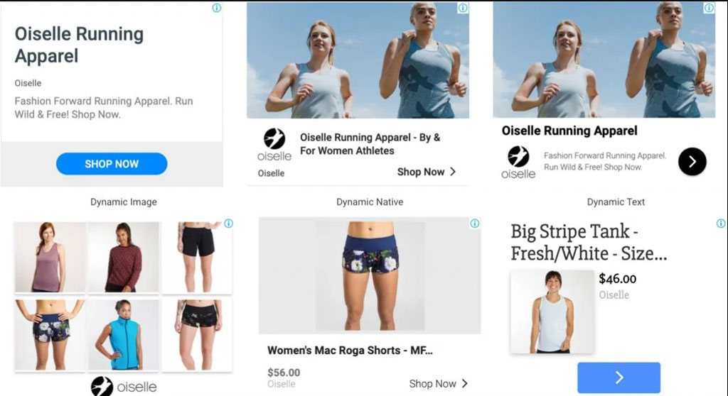 Image shows different types of dynamic advertising for apparel brand Oiselle - benefits of using responsive display ads